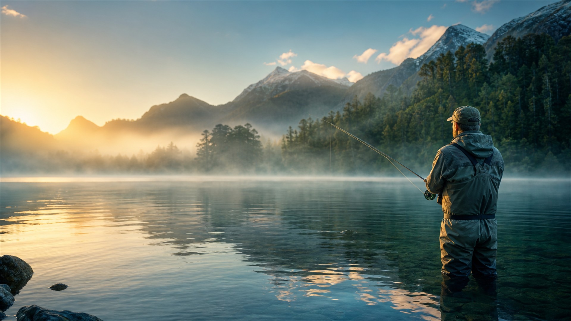 Pêcheur seul au bord d'un lac calme au lever du soleil